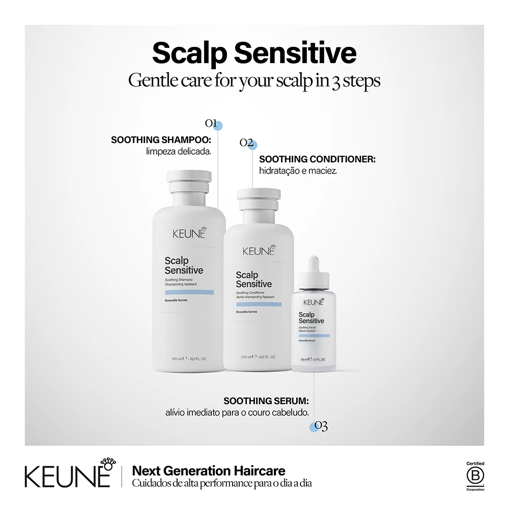 Linha Keune Scalp Sensitive com Soothing Shampoo, Conditioner e Serum para couro cabeludo sensível.