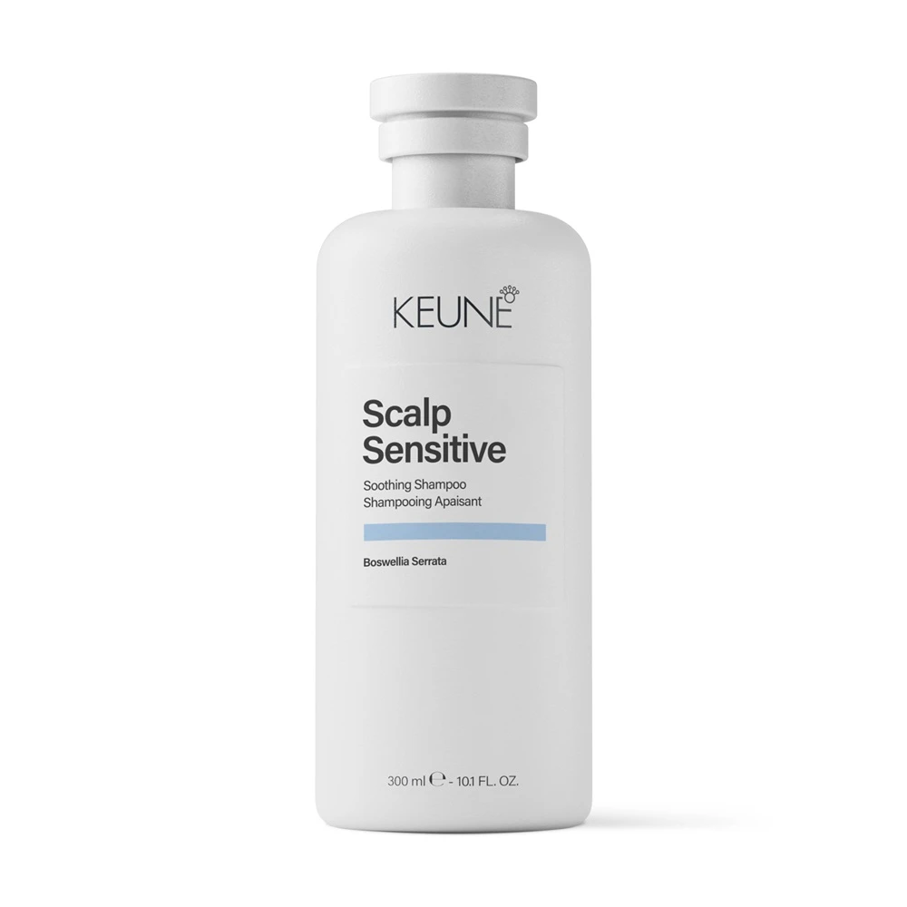 Frasco do Keune Scalp Sensitive Soothing Shampoo 300ml para couro cabeludo sensível.