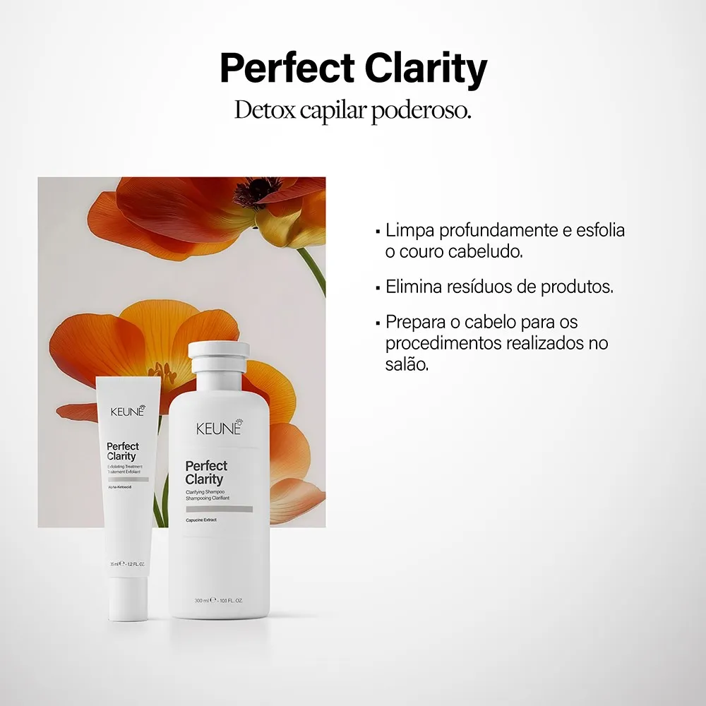 Keune Perfect Clarity Shampoo com informações sobre limpeza profunda e remoção de resíduos.