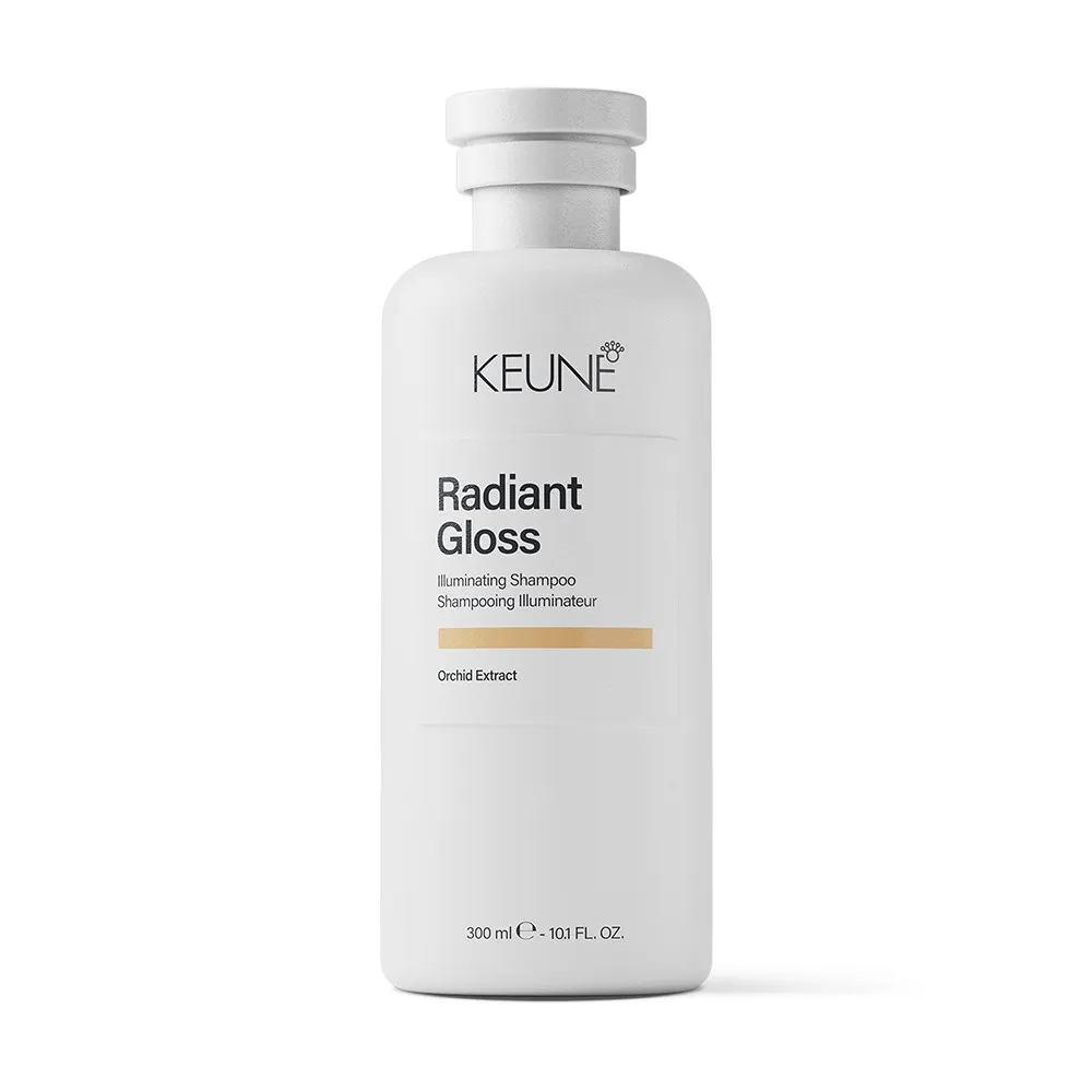 Frasco do Keune Radiant Gloss Illuminating Shampoo 300 ml com extrato de orquídea.